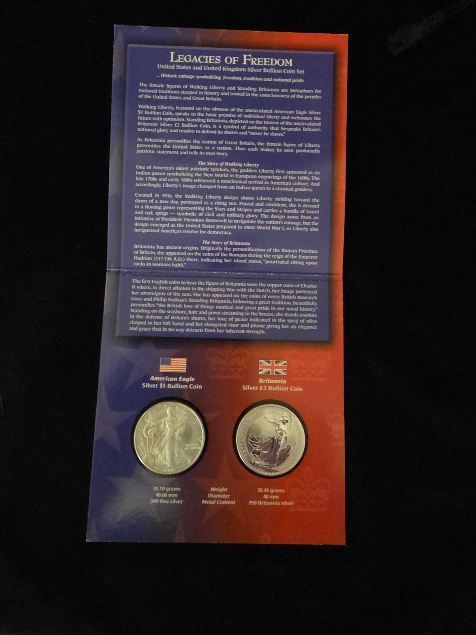 Legacies of Freedom presentation opened to show the American Silver Eagle and Britannia silver bullion coins